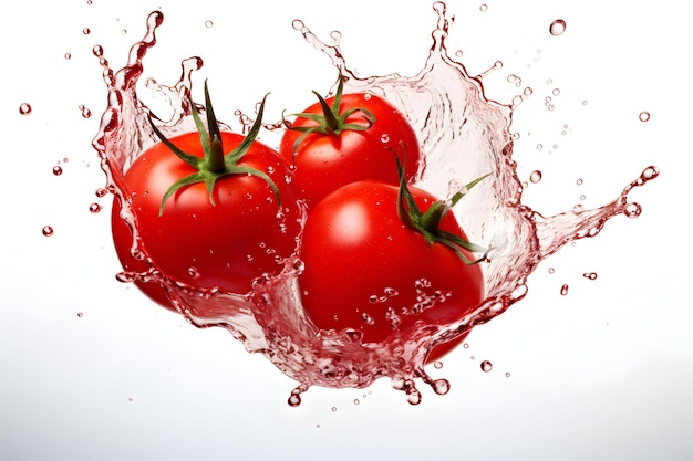 Photo tomatoes red on a green branch in streams of water white background generative ai