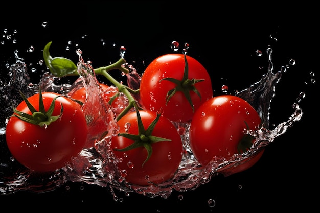 Photo tomatoes in water splash on black background generative ai