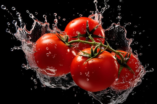 Photo tomatoes in water splash on black background generative ai