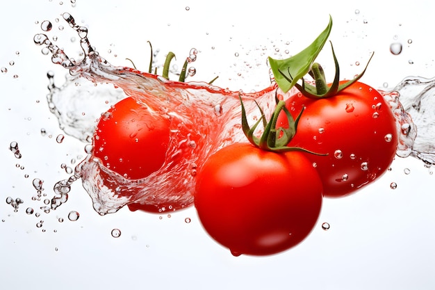 Photo tomatoes in water splash on white background generative ai