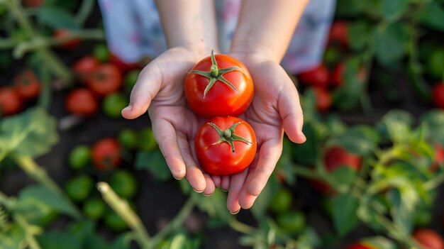 A photo of tomatos in the hands of a girl against the background of beds with vegetables