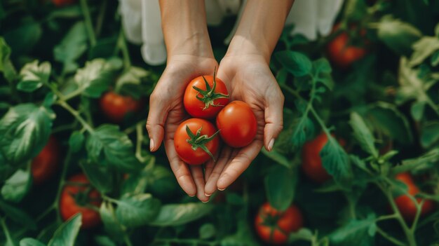 A photo of tomatos in the hands of a girl against the background of beds with vegetables