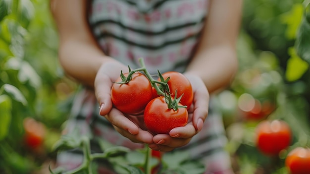 A photo of tomatos in the hands of a girl against the background of beds with vegetables