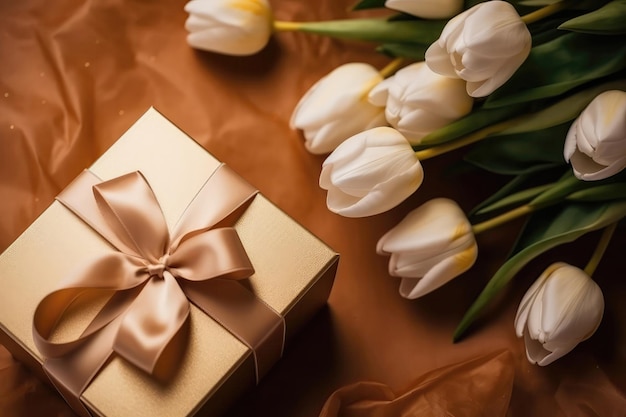 Photo Of The Top View Of The Copy Space And The Luxurious Gold Gift Box With Ribbon Bow On The Side And Bouquet Of White Tulips With Copypaste Gold Background Generative AI