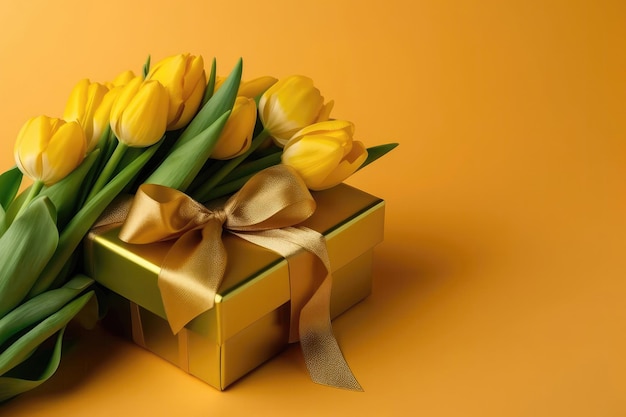 Photo Of The Top View Of The Copy Space And The Vibrant Yellow Gift Box With Ribbon Bow On The Side And Bouquet Of Gold Tulips With Copypaste Yellow Background Generative AI