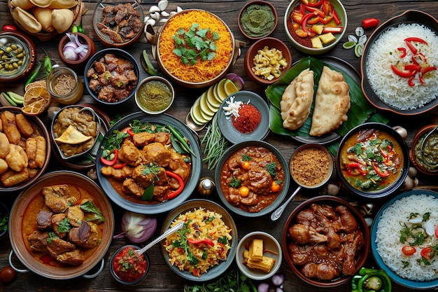 Photo of top view table full of delicious Bangladeshi food