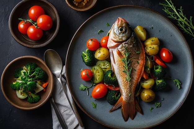 photo top view tasty cooked fish with fresh vegetables and cutlery on a dark table