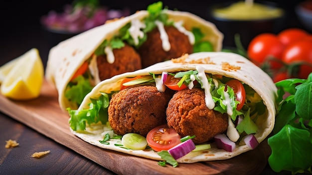 Photo of tortilla wrap with falafel and fresh salad for vegan healthy food lovers