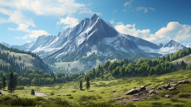 photo of a towering mountain peak with a blue sky in the background