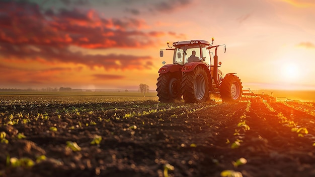 Photo of a tractor is in a field with the sunset in the background farming and agriculture