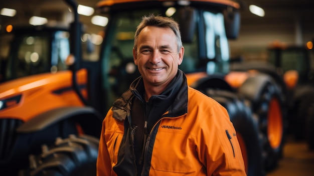 Photo of a tractor salesman standing in a factory and guaranteeing parts and service of agricultural machinery Daylight on a telephoto lens