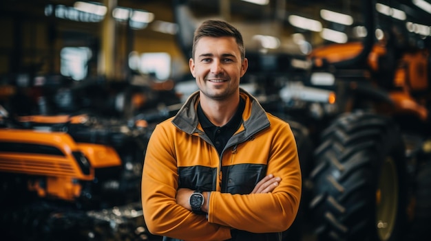 Photo of a tractor salesman standing in a factory and guaranteeing parts and service of agricultural machinery Daylight on a telephoto lens