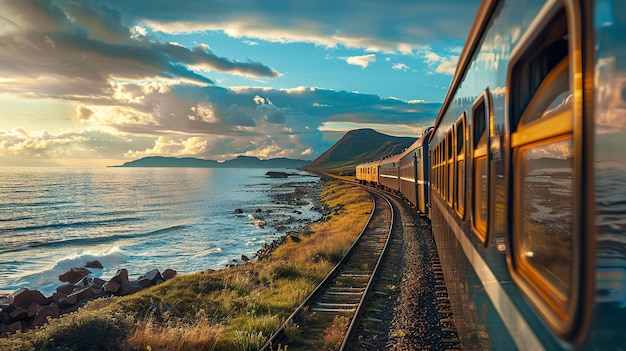 A photo of a train on a coastal track