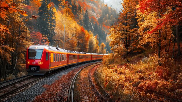 A photo of a train on a vibrant autumn route