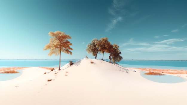 Photo tree in white beach landscape view generated by ai