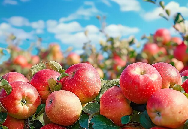 Photo of a tree with apples on it and the sun shining nature apple harvest fresh fruits