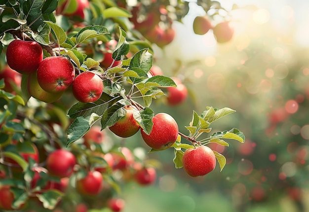 Photo of a tree with apples on it and the sun shining nature apple harvest fresh fruits