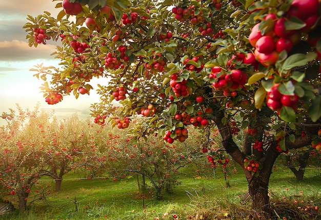 Photo of a tree with apples on it and the sun shining nature apple harvest fresh fruits