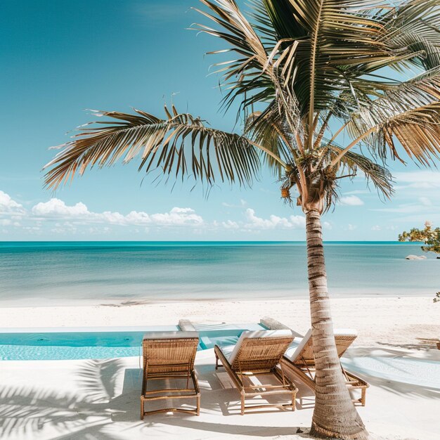 photo of a turquoise sparkling sea shore with stylish rattan furniture for a luxury holiday