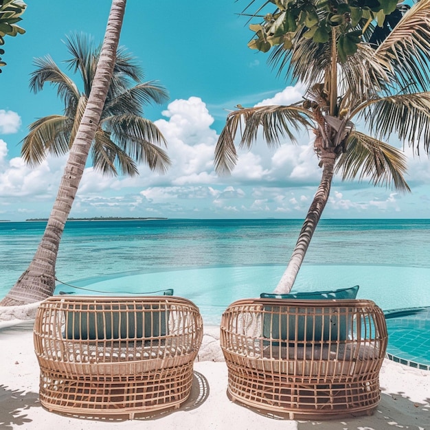 photo of a turquoise sparkling sea shore with stylish rattan furniture for a luxury holiday