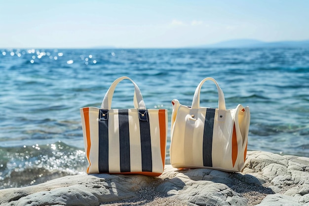 Photo of two beach bags with colored stripes standing on rocks near the seashore