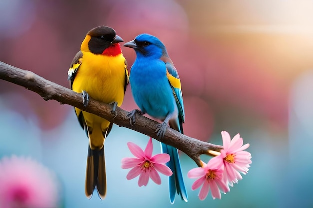 Photo two birds sitting on a branch with pink flowers