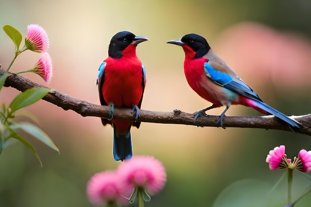 Photo two birds sitting on a branch with pink flowers