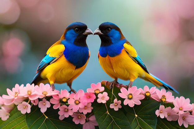 Photo two birds sitting on a branch with pink flowers