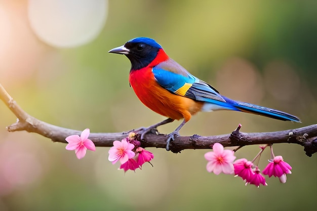 Photo two birds sitting on a branch with pink flowers