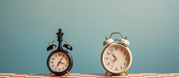 Photo of two clocks on a checkered table creating a timeless atmosphere with copy space