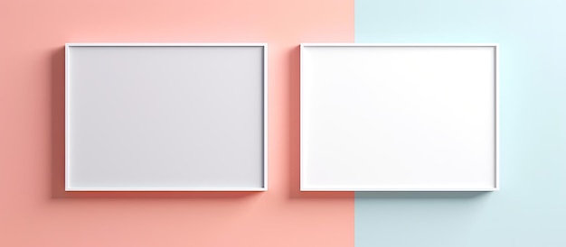 Photo of two contemporary white square frames on a vibrant pink and blue wall with copy space