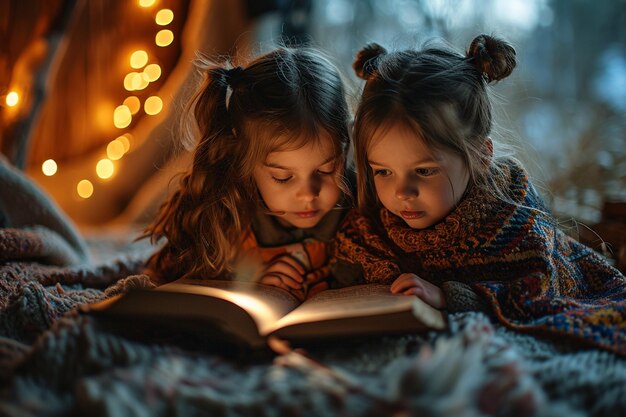 Photo two cute girls sitting under blankets and reading book with flashlight