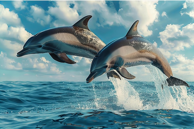 A photo of two dolphins jumping out the water blue sky with white clouds and sun shining on it sea