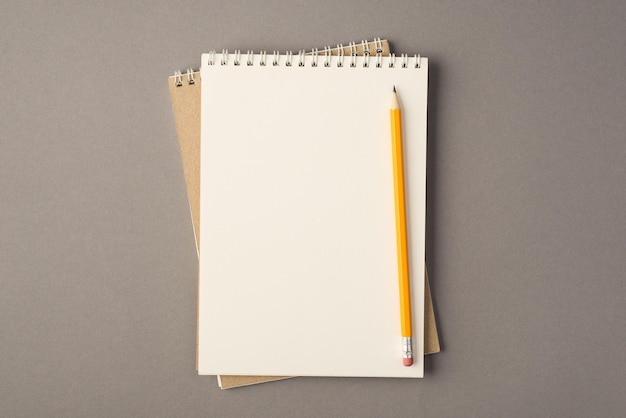 Above photo of two empty notebooks and yellow pencil isolated on the grey background