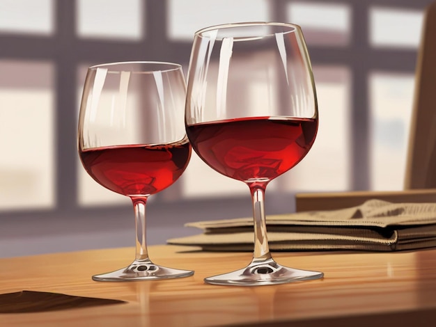 Photo two glasses of wine sit on a table one of which is red