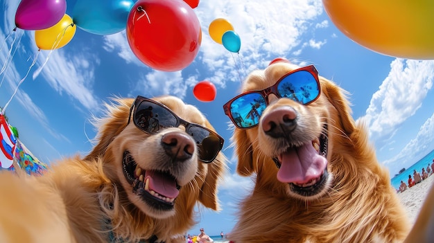 A photo of two golden retrievers wearing sunglasses taking a selfie at the beach with a blue sky and