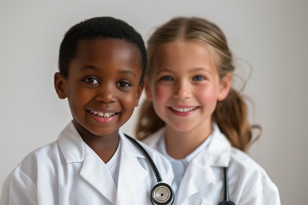 A photo of two happy kids in white coats with stethoscopes