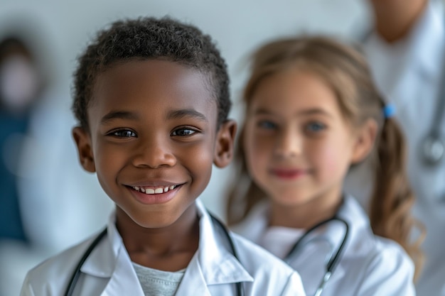 A photo of two happy kids in white coats with stethoscopes