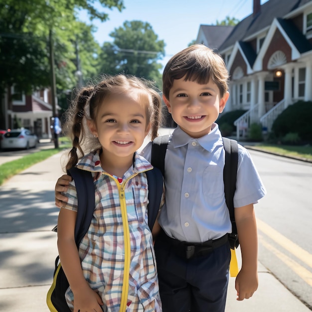 a photo of two kids on their first school day bright daylight s 1000