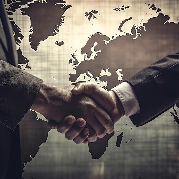 PHOTO Two men shaking hands with a map of the world behind them