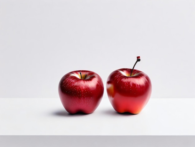 Photo Of Two red apples sitting side by side on a white table with white background