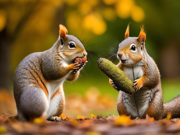 Photo of Two squirrels eating a nut in a field