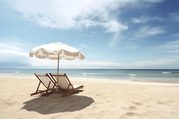 Photo two white chair and umbrella in beach generated by ai