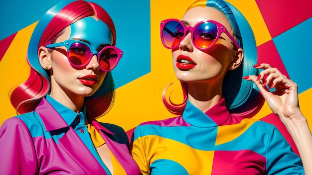 Photo of two women in vibrant outfits and trendy sunglasses striking a pose for a fun photo