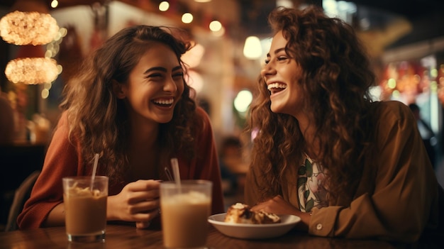 photo two young and beautiful girls gossiping on the terrace with a cup of coffee generated by AI