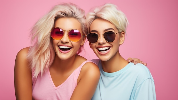 photo two young brunette and blonde models posing on stdio generated by AI