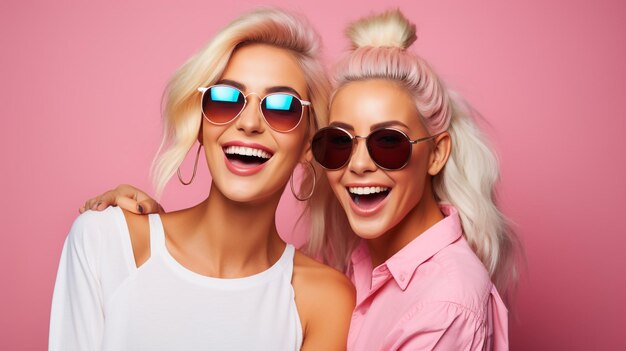 photo two young brunette and blonde models posing on stdio generated by AI