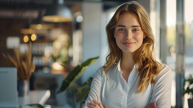 Photo Type UltraRealistic Subject Focus an office worker in an modern simple office she is happy Col