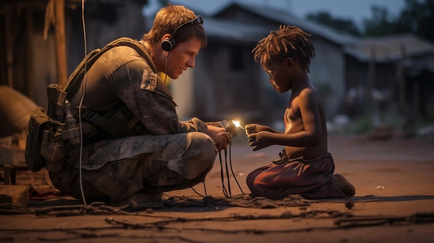 A photo of a USA soldier helping a local child in a wartorn village at dusk