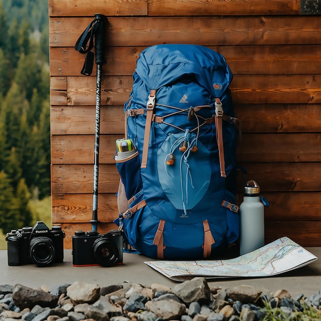 Photo a photo of various adventure equipment on a wooden background